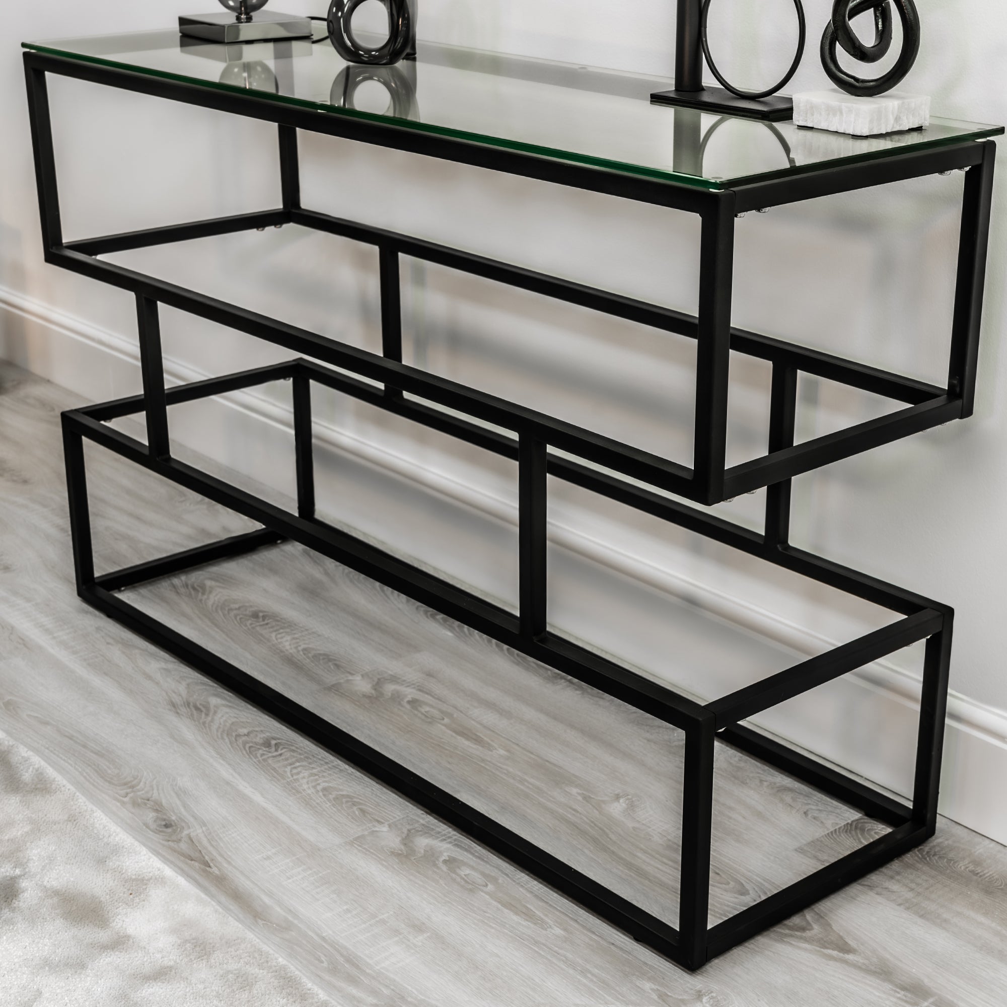 Lina Clear Glass Console Table With Matte Black Frame